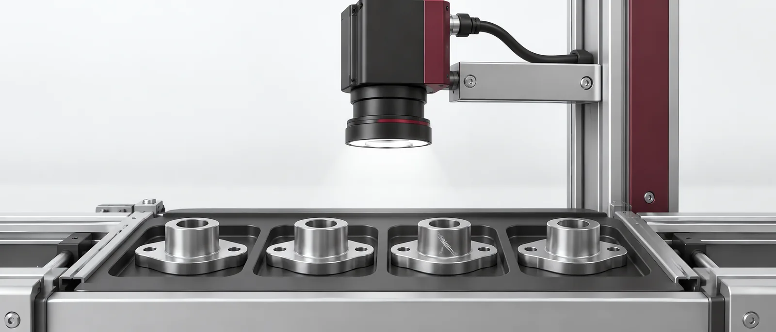 Inspection camera above several parts with visible surface variation, conceptual illustration