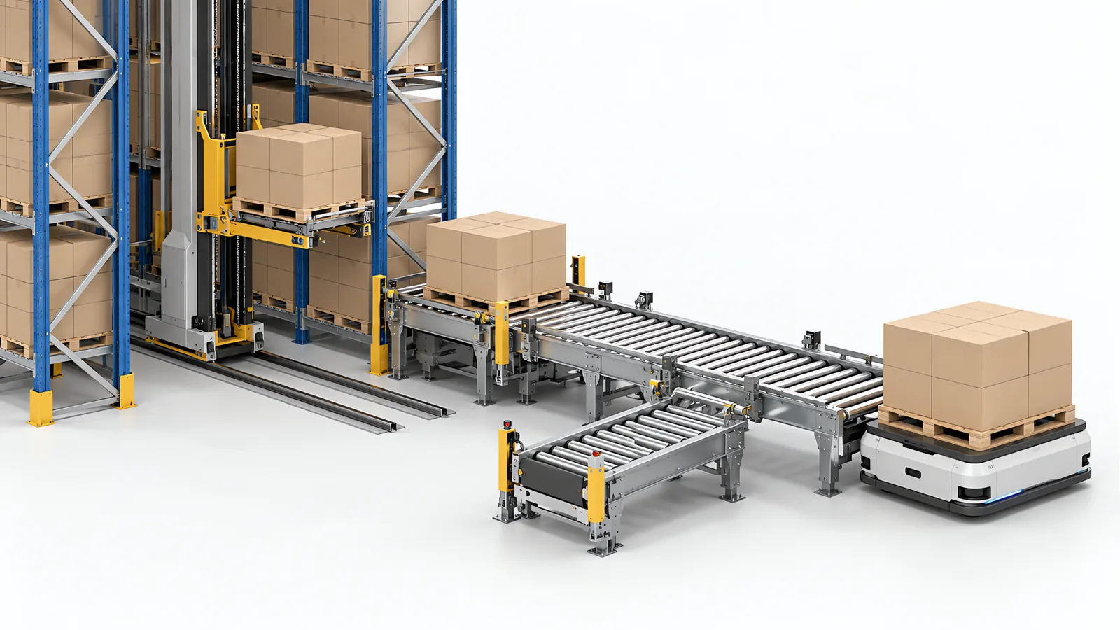 Where an ASRS meets an AGV fleet: a stacker crane in a racking aisle, a vehicle carrying a pallet, and a powered roller transfer station at matched deck height