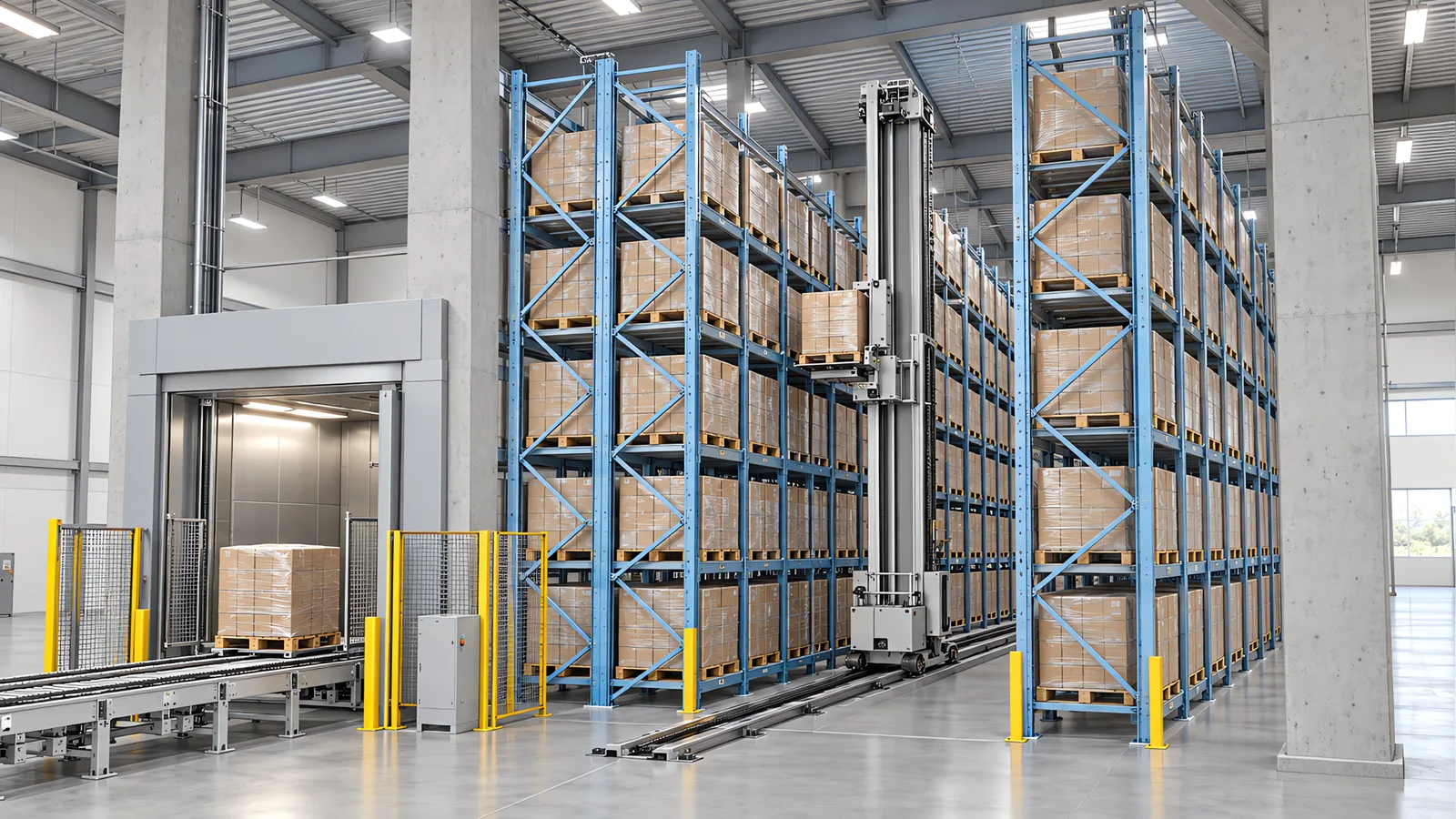 ASRS in a multi-storey industrial building: double-deep pallet racking with a stacker crane, the building structure around it and a goods lift at the aisle end