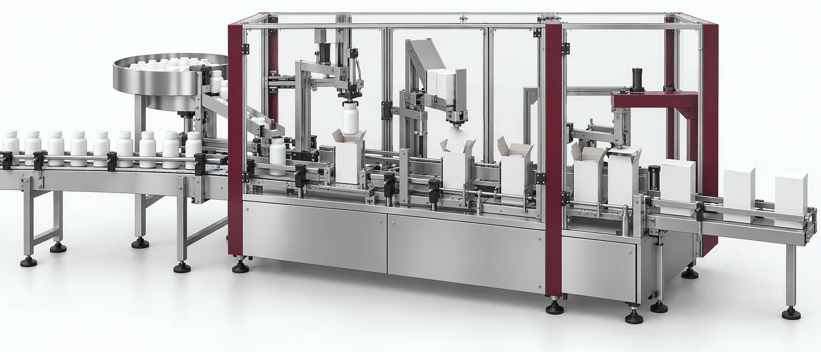 Enclosed product-loading and cartoning layout, conceptual illustration