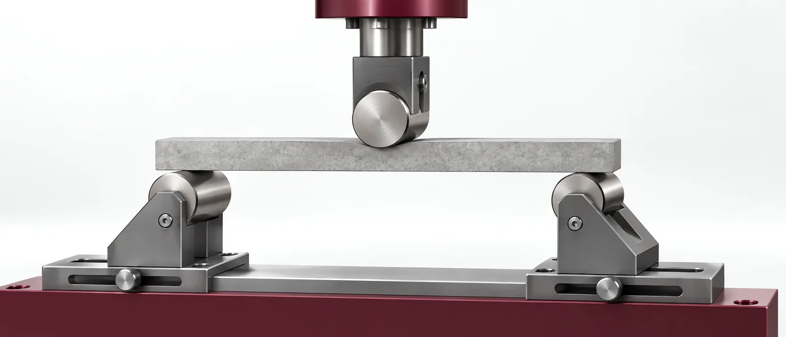Three-point bending fixture with two supports and a central loading nose, conceptual illustration