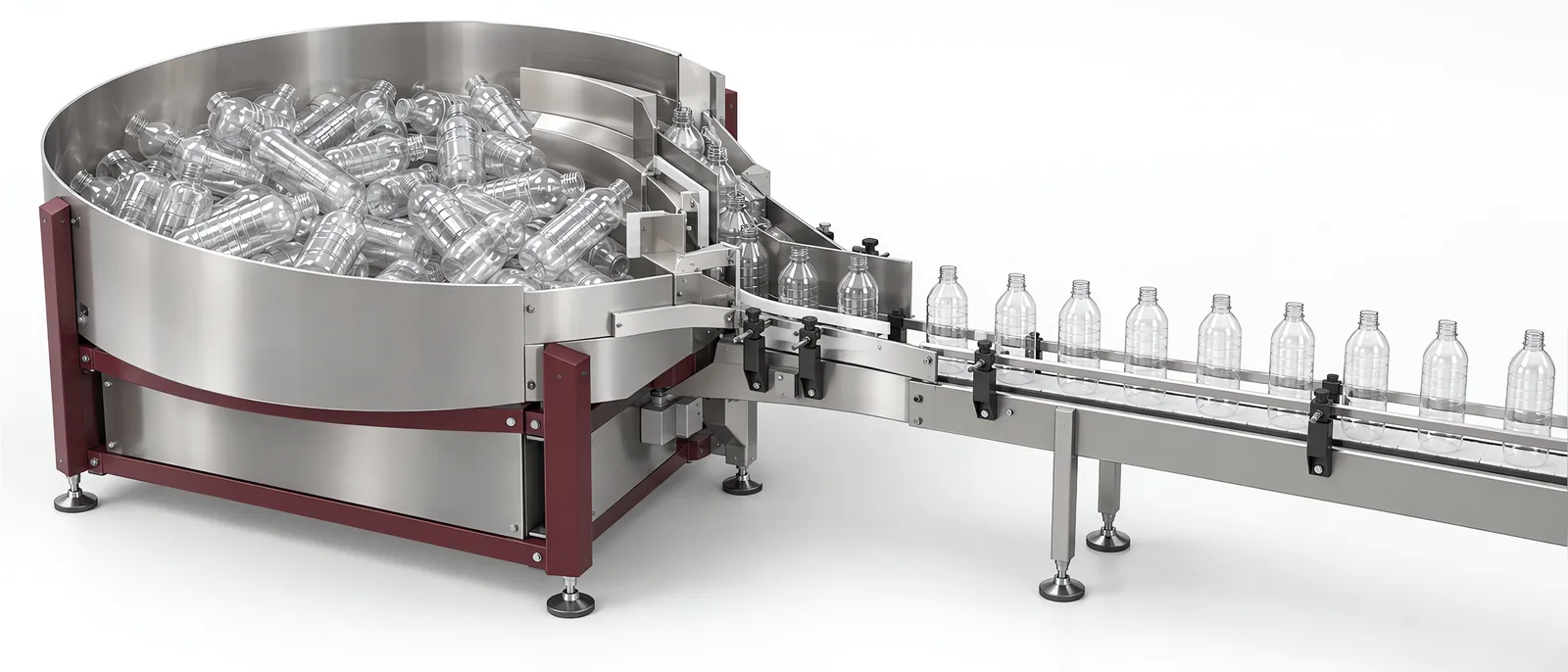 Bulk bottle sorter delivering upright bottles to a conveyor, conceptual illustration