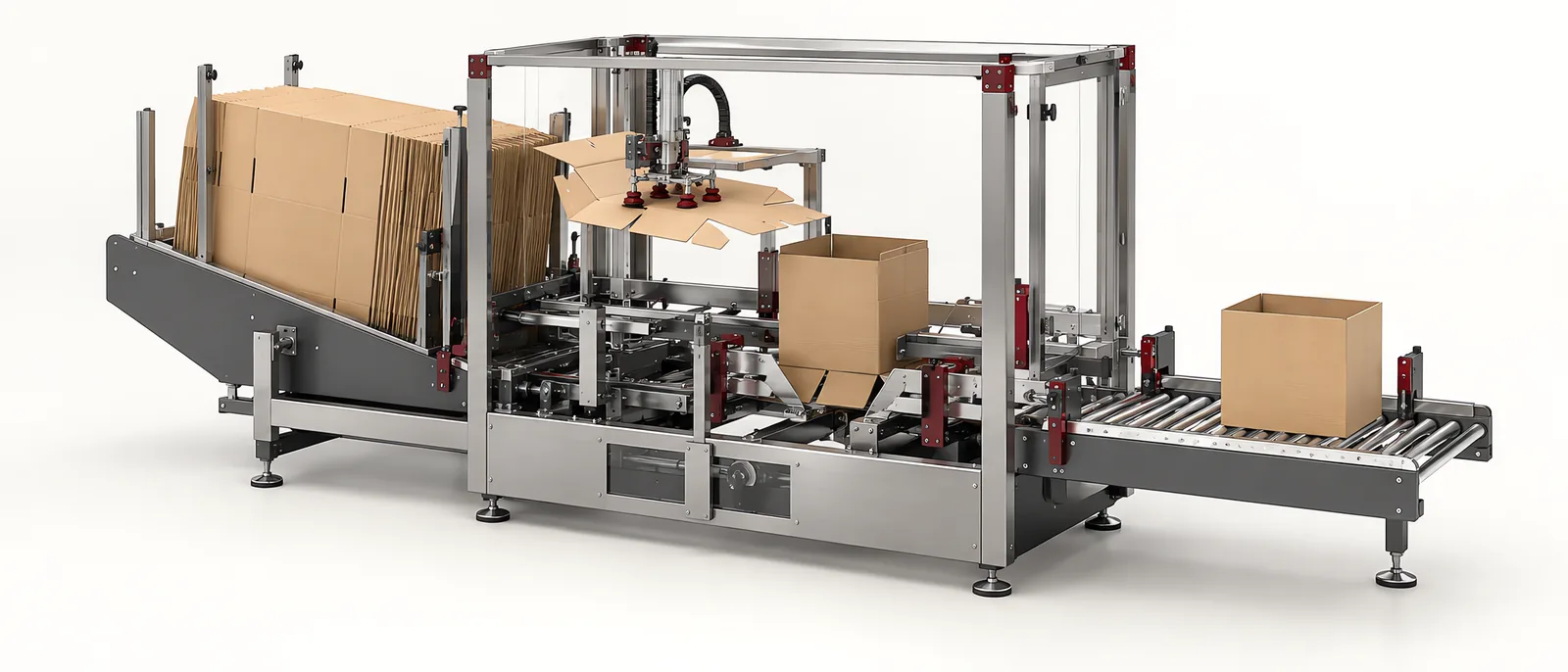 Conceptual case erector forming a corrugated carton from a magazine of flat blanks
