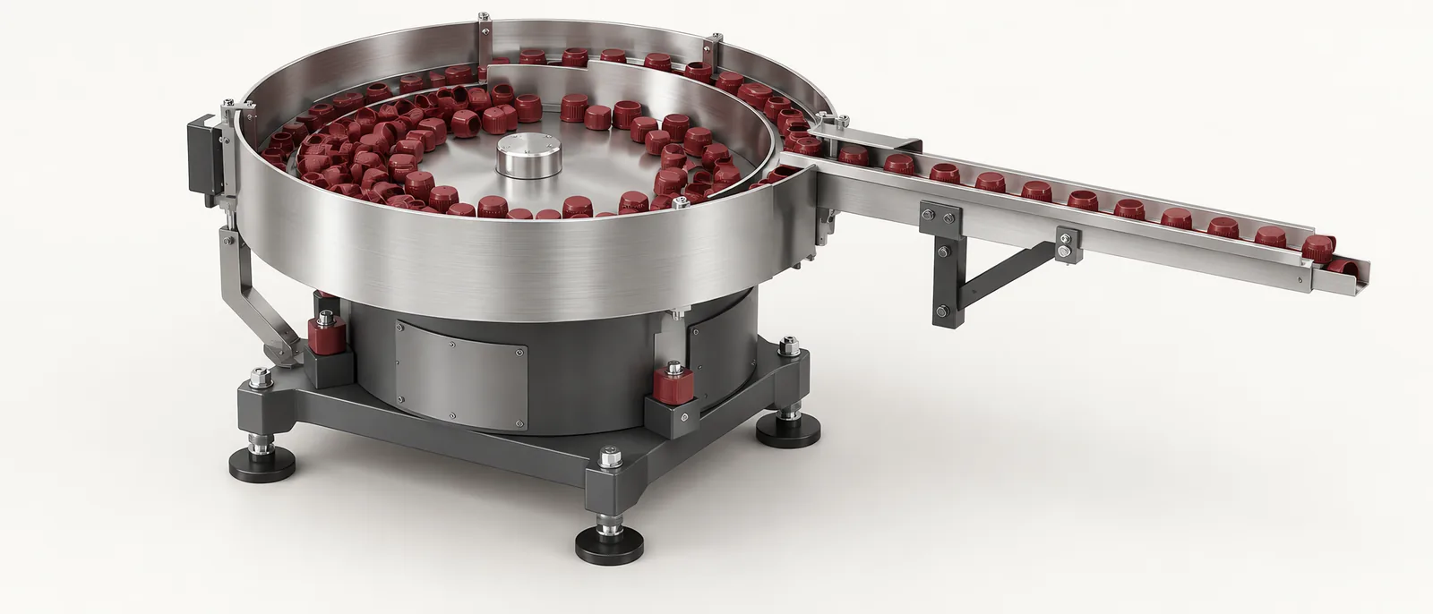 Conceptual centrifugal parts feeder with rotating disc, peripheral guide and outlet track