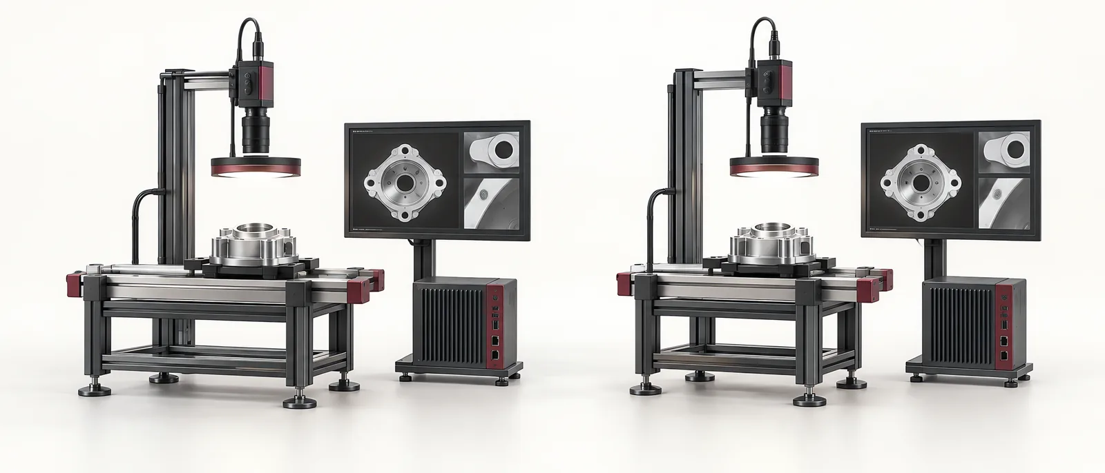 Conceptual comparison bench with two unbranded industrial vision systems inspecting identical sample parts