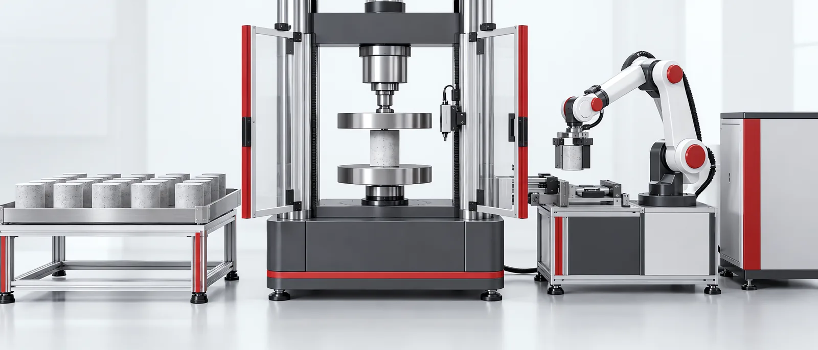 Conceptual compression test frame with a centred specimen between platens and a separate robot loader