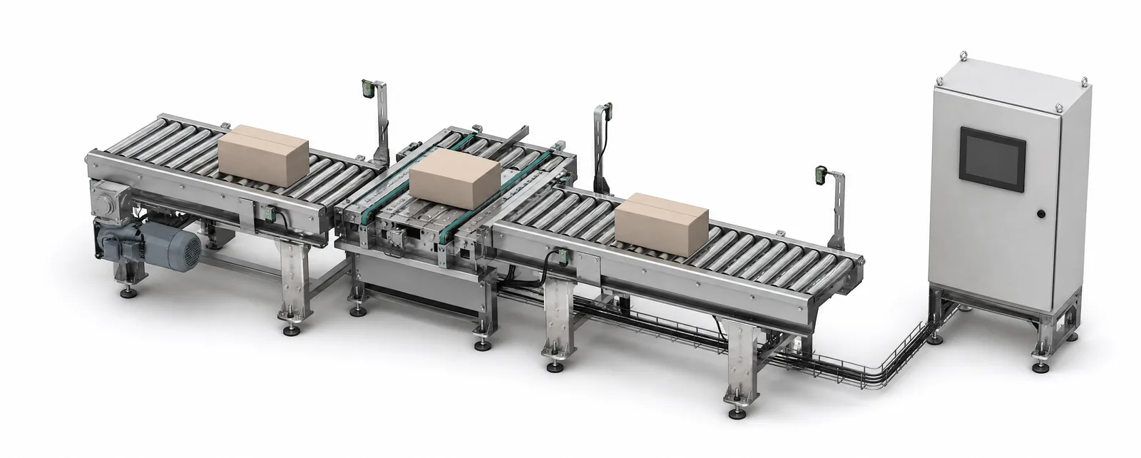 Engineering illustration of roller conveyors, a right-angle transfer, sensors and a separate control cabinet