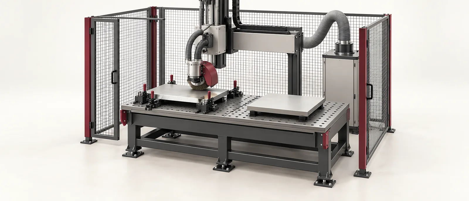 Conceptual deburring machine with supported metal parts and abrasive brush processing heads