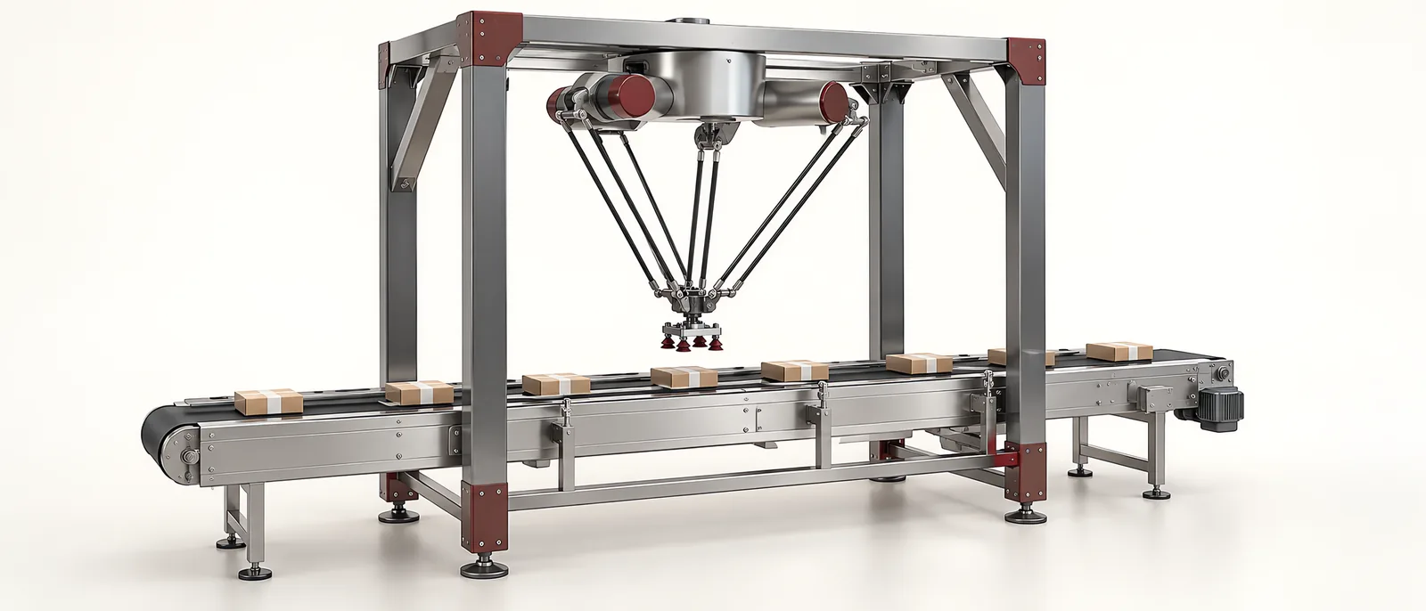 Conceptual overhead delta robot picking small packages between two conveyors