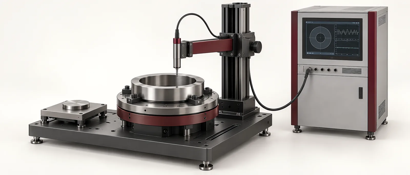 Conceptual eddy-current probe over a metal ring on an inspection fixture with a separate reference coupon