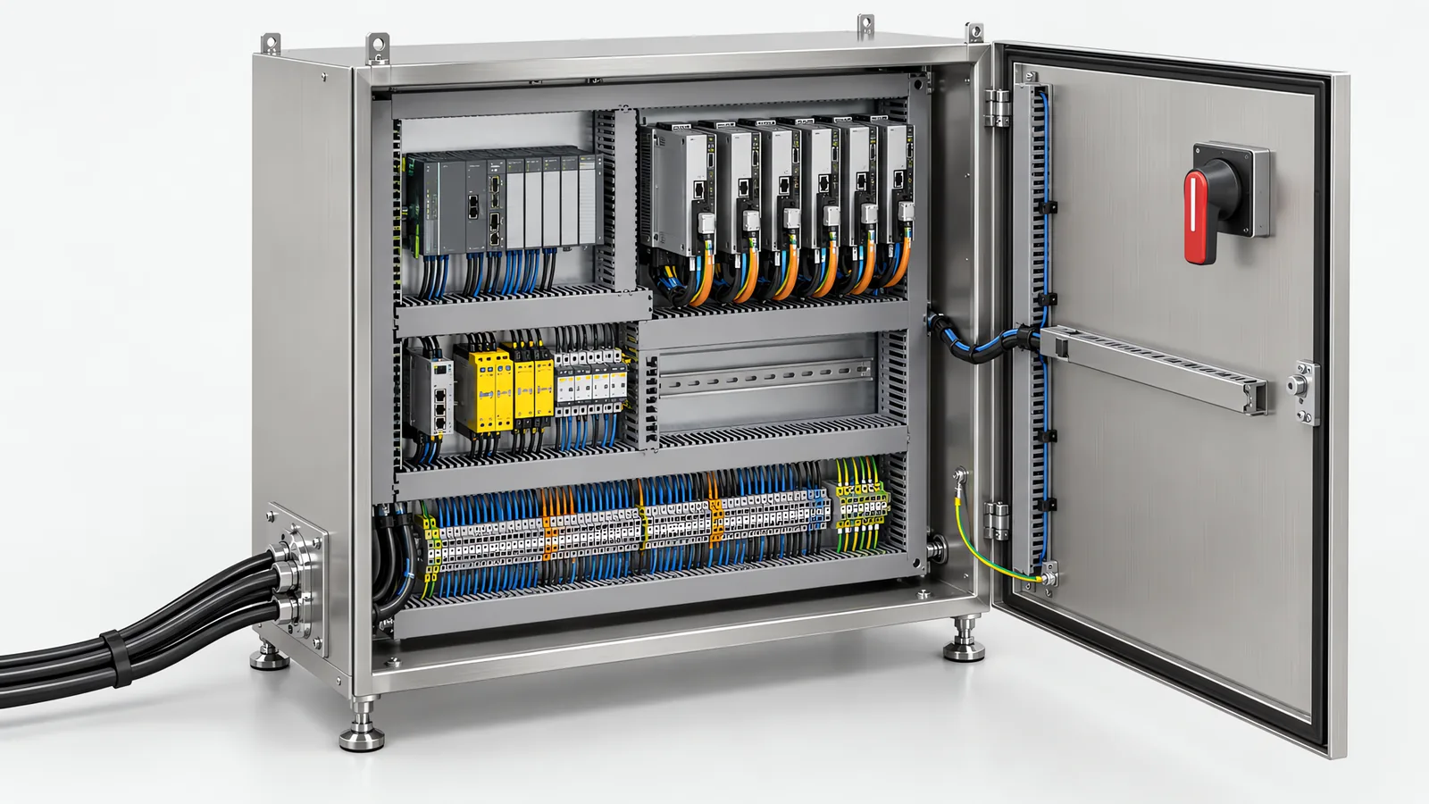 Electrical integrator scope in one cabinet: a main disconnect, PLC rack, servo drives, safety relays on their own rail and numbered terminals to a gland plate