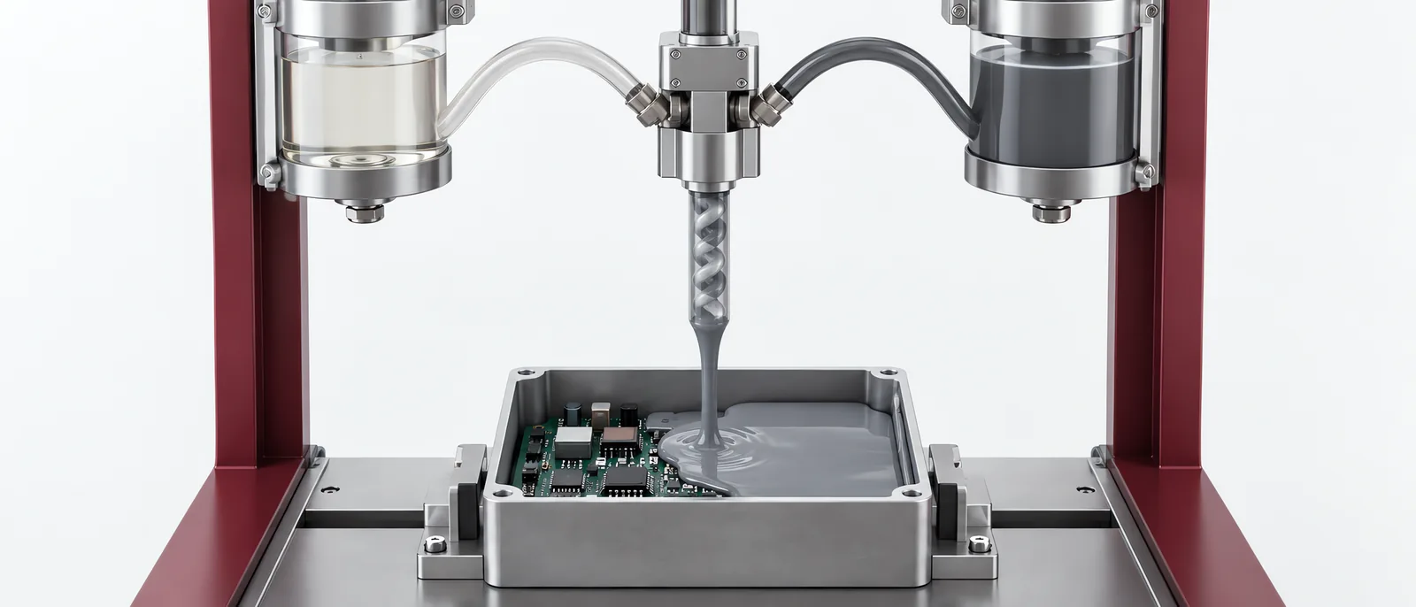 Two material supplies and mixing nozzle above an electronics housing, conceptual illustration
