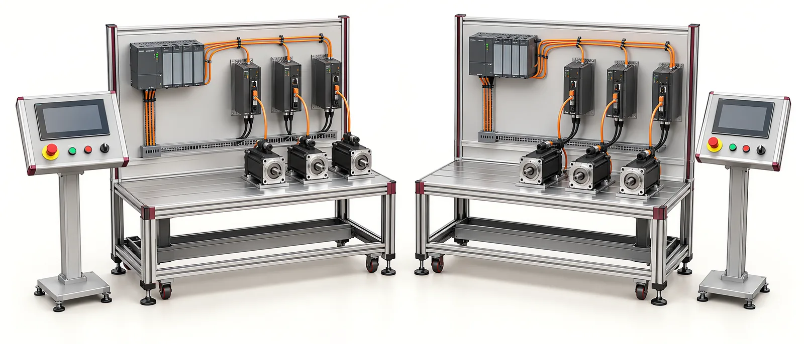 Conceptual industrial control cabinet with networked servo drives and distributed input-output modules
