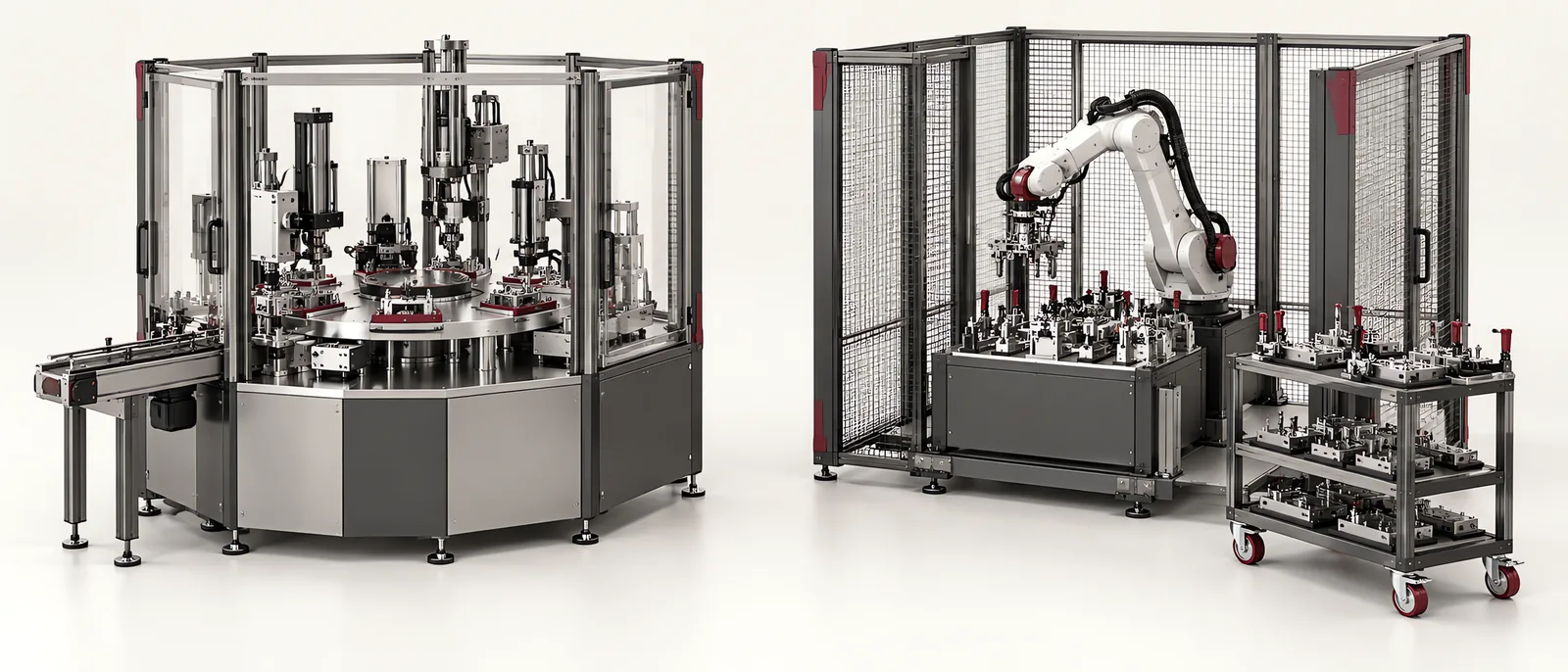 Conceptual comparison of a dedicated rotary assembly machine and modular robot assembly stations