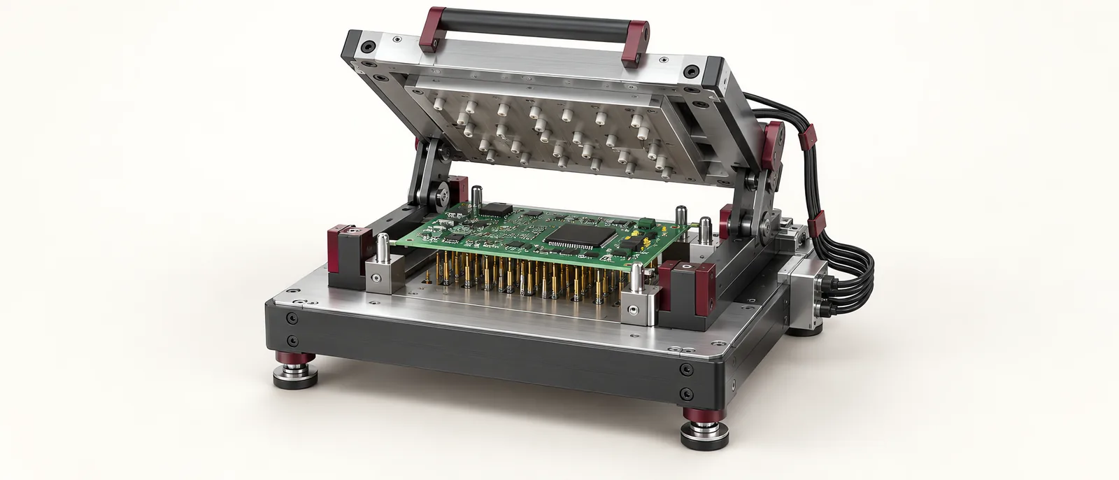 Conceptual PCB functional test fixture with locating pins, spring probes and a hinged pressure plate