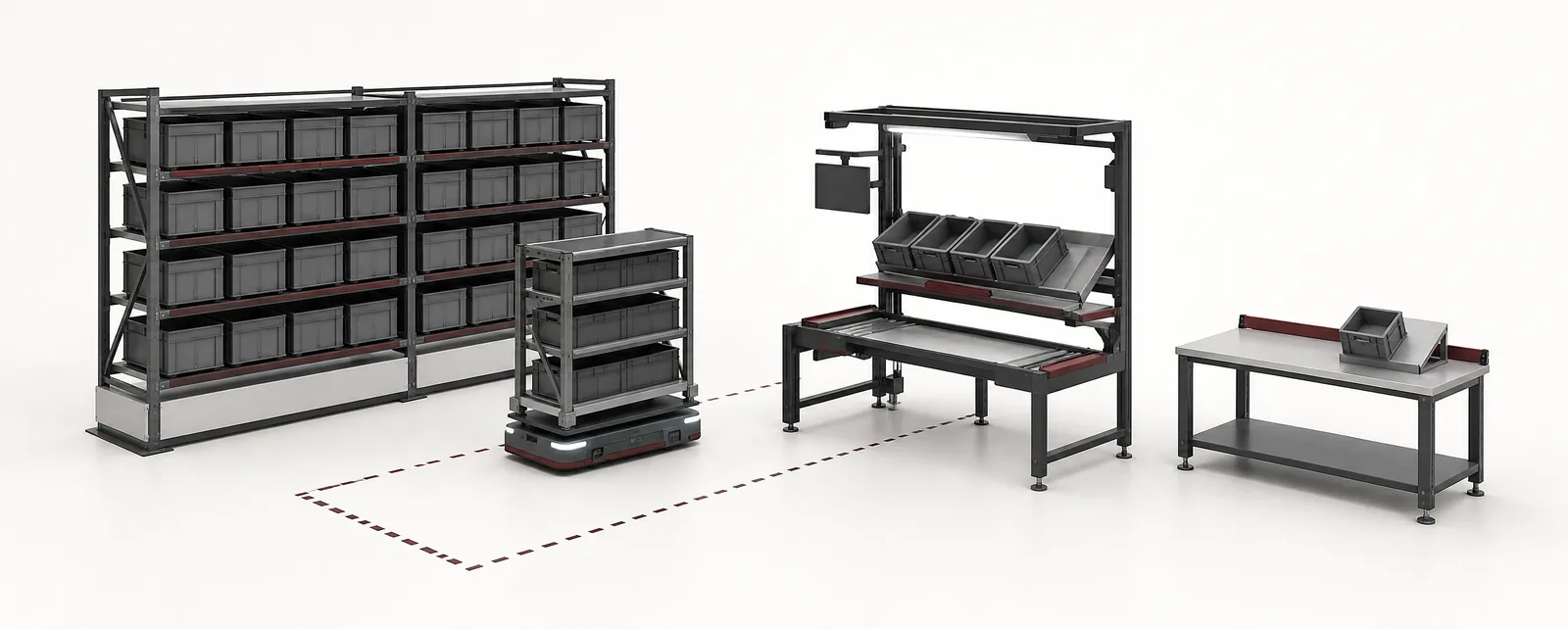 Conceptual goods-to-person workstation with mobile tote storage and a separate receiving bench