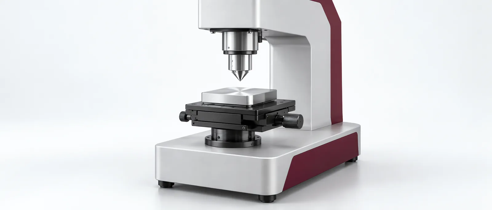 Hardness testing head above a supported metal specimen, conceptual illustration