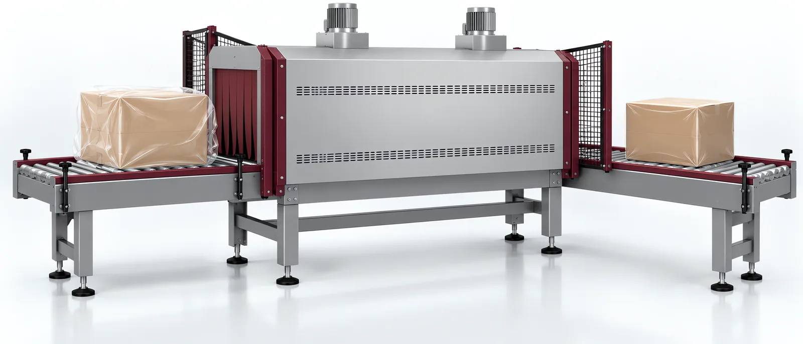 Heat shrink tunnel between entrance and exit conveyors, conceptual illustration
