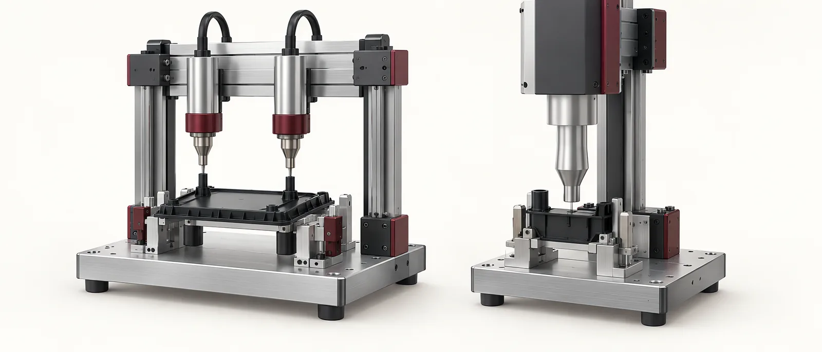 Conceptual side-by-side heat staking and ultrasonic plastics joining stations