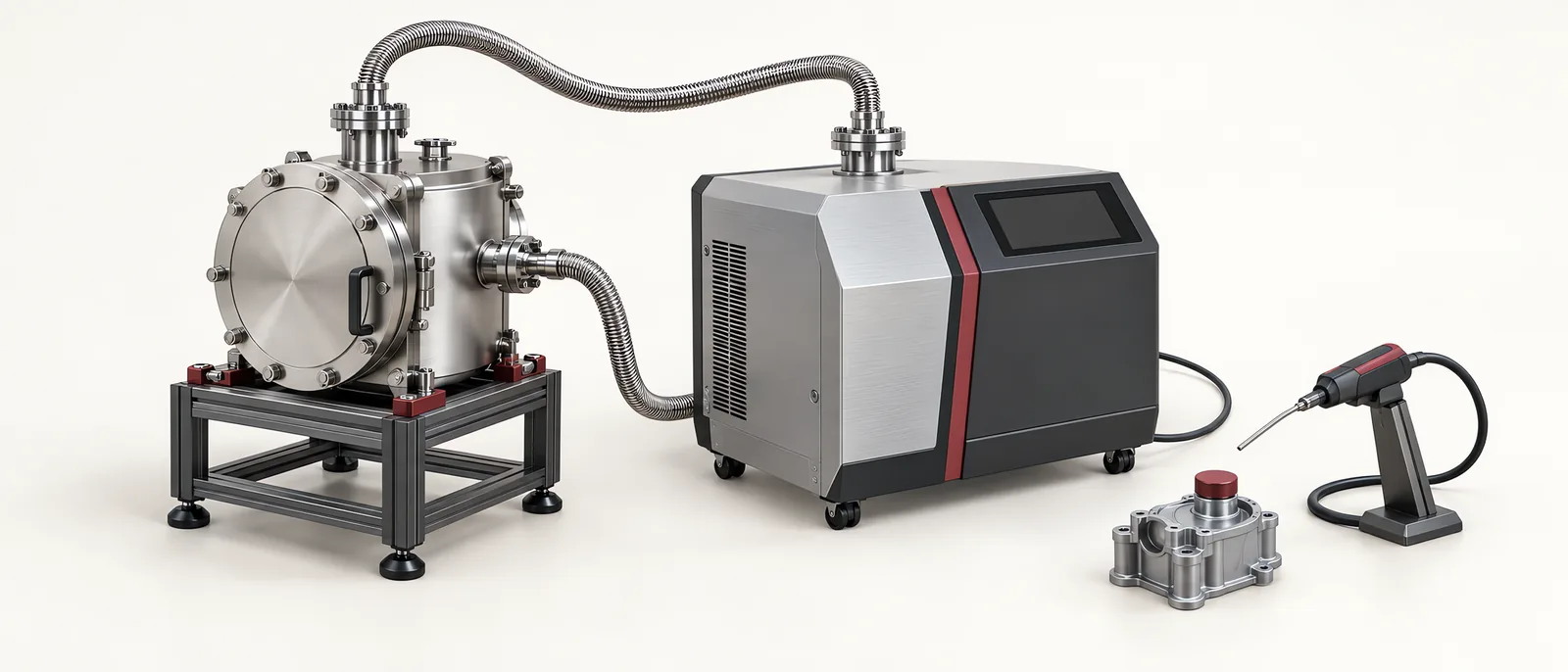 Conceptual helium leak testing station with sealed test chamber, gas manifold and leak detector