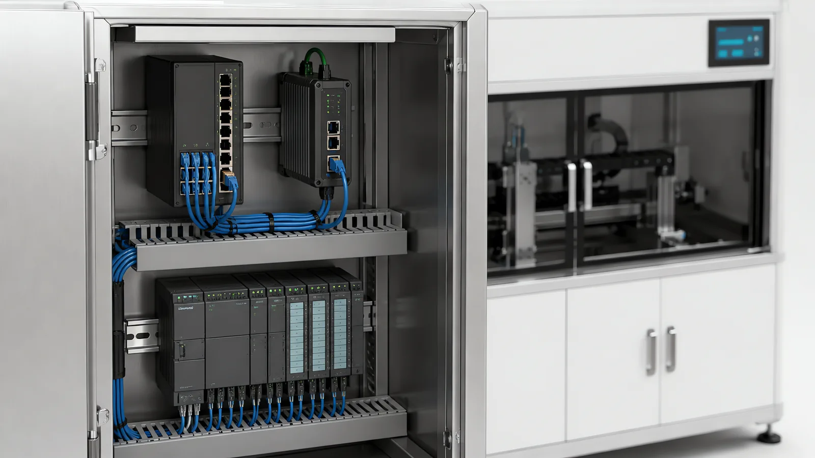 Industrial network cabinet with a DIN-rail managed ethernet switch, firewall appliance and PLC beside a machine