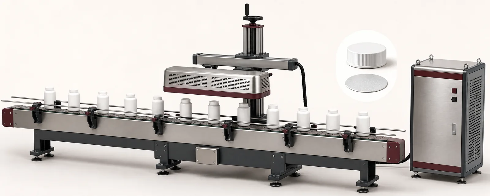Conceptual induction cap sealing head above a conveyor of capped bottles