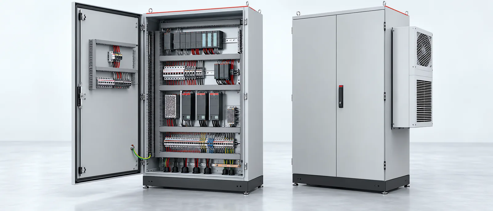 Conceptual open control cabinet with cable ducts and door bonding beside a closed cabinet with side cooling