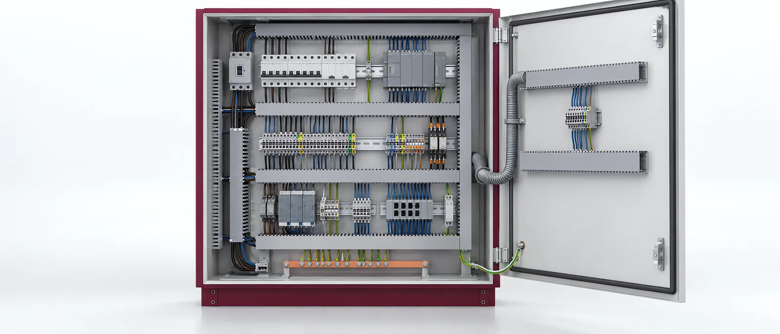 Control cabinet with labelled terminal rows and separated wiring routes, conceptual illustration