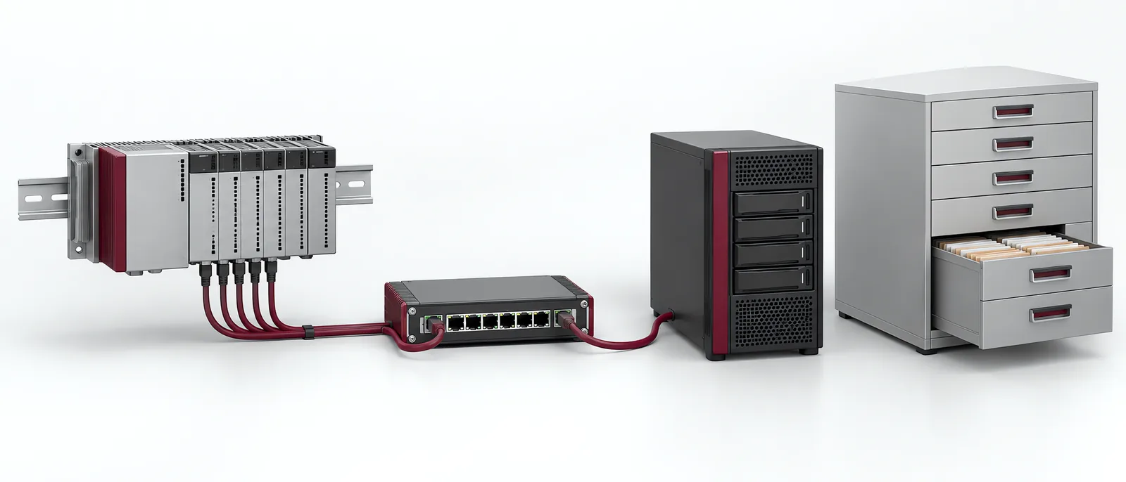 Controller and gateway linked to a server and historical record symbol, conceptual illustration