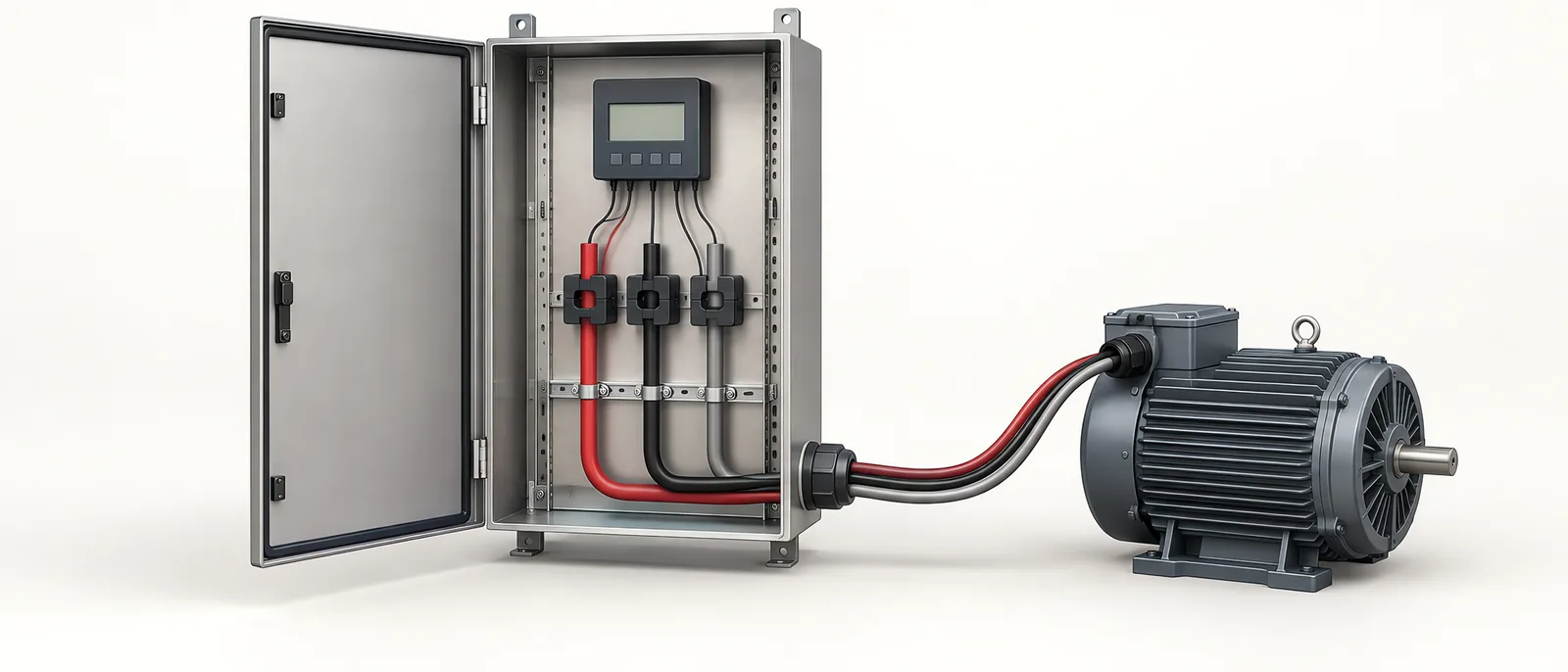 Conceptual industrial power monitoring panel with energy meters and current sensors on production feeders