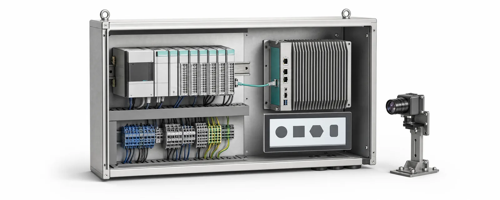 Engineering illustration of PLC and I/O modules beside a fanless industrial PC and inspection camera