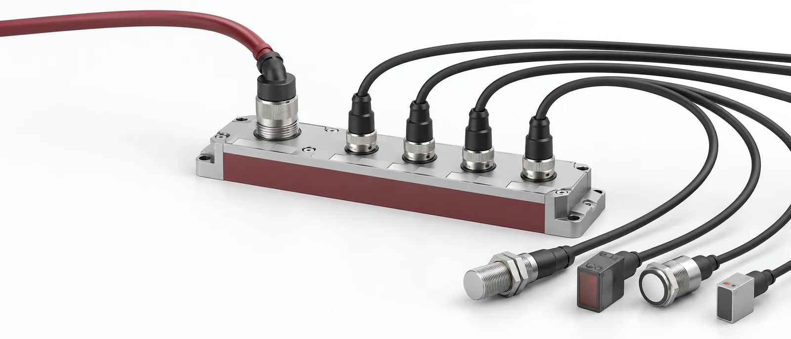 Multiport IO-Link master connected to several sensors, conceptual illustration