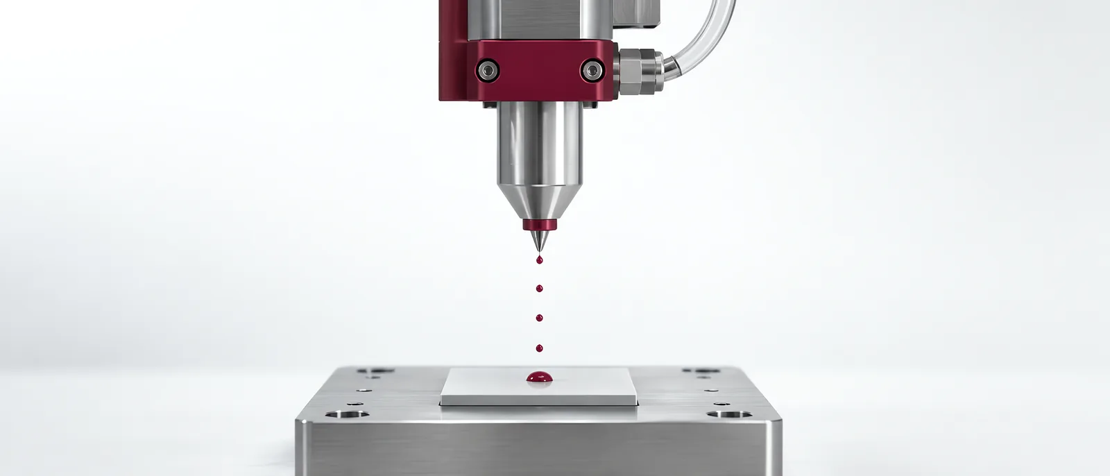 Non-contact dispensing nozzle above a deposited fluid drop, conceptual illustration