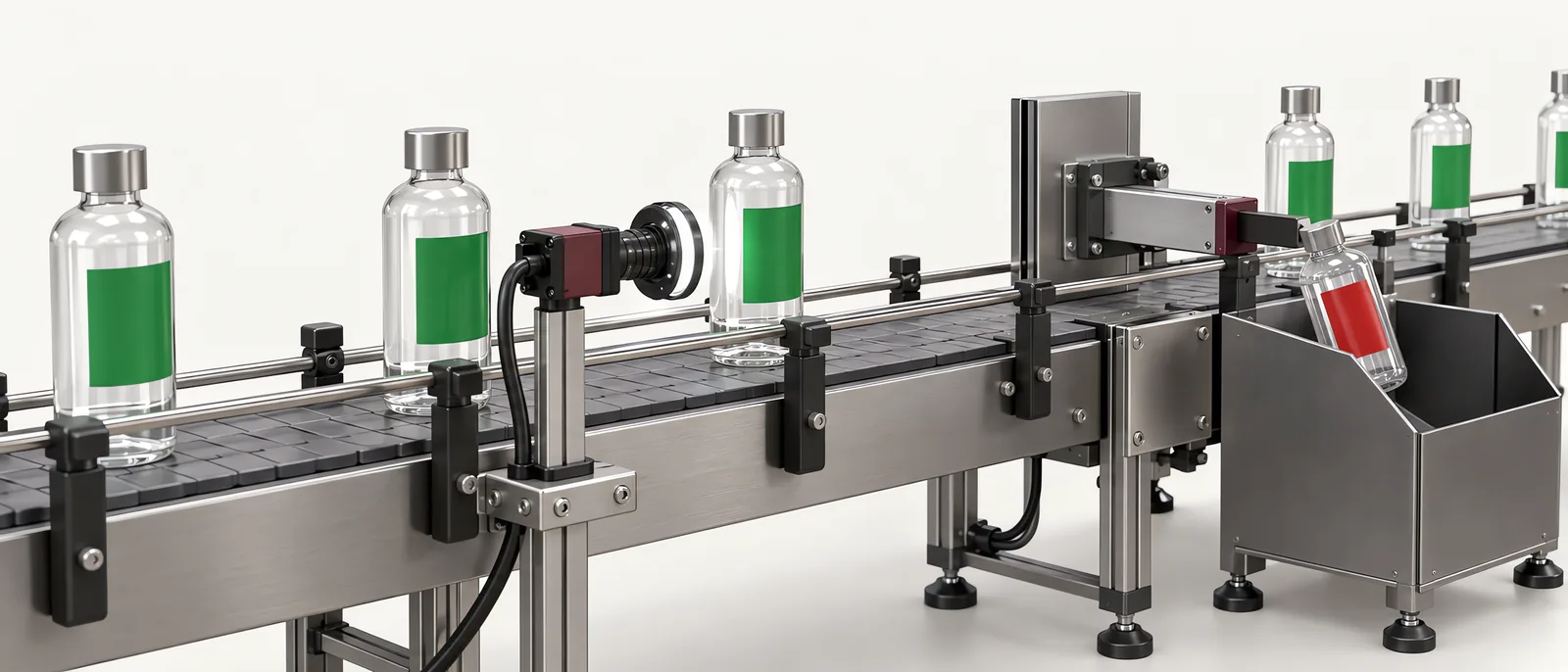 Conceptual label inspection station with side cameras, bottle conveyor and reject mechanism