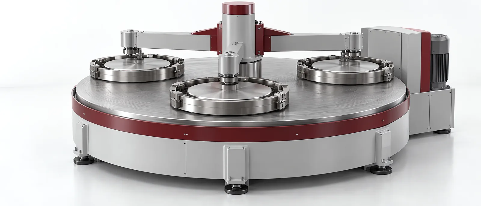 Flat lapping plate with retaining rings and processing heads, conceptual illustration