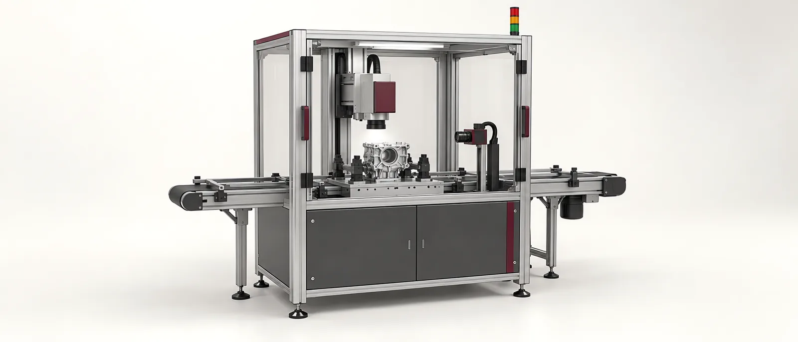Conceptual enclosed laser marking station with a metal part fixture and code inspection camera