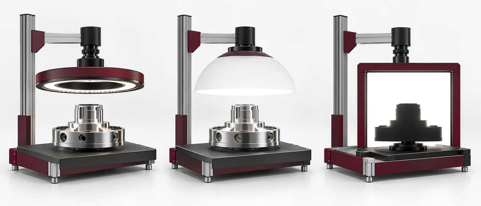 Ring, diffuse and backlighting arrangements around sample parts, conceptual illustration