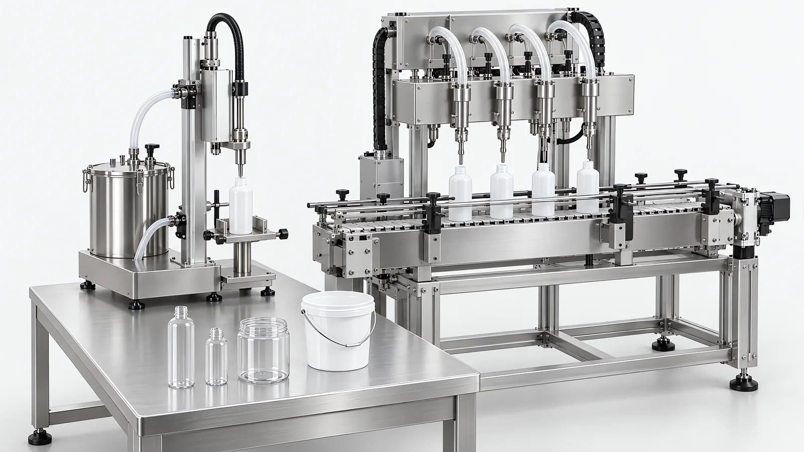 Choosing a liquid filling machine: a semi-automatic bench filler beside a four-head automatic filler, with bottles, a wide-mouth jar and a pail on the infeed table