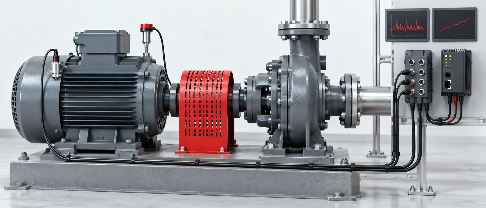 Conceptual motor and pump with housing-mounted sensors connected to an IO-Link master and edge gateway