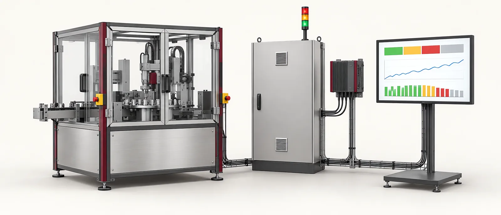 Conceptual machine monitoring workstation connected to production equipment and an industrial data gateway