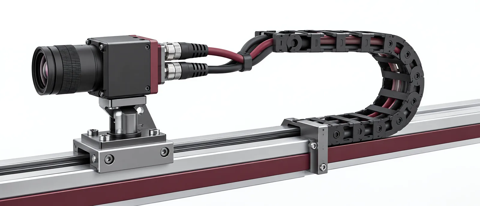 Moving camera carriage with cable carrier and secured connectors, conceptual illustration