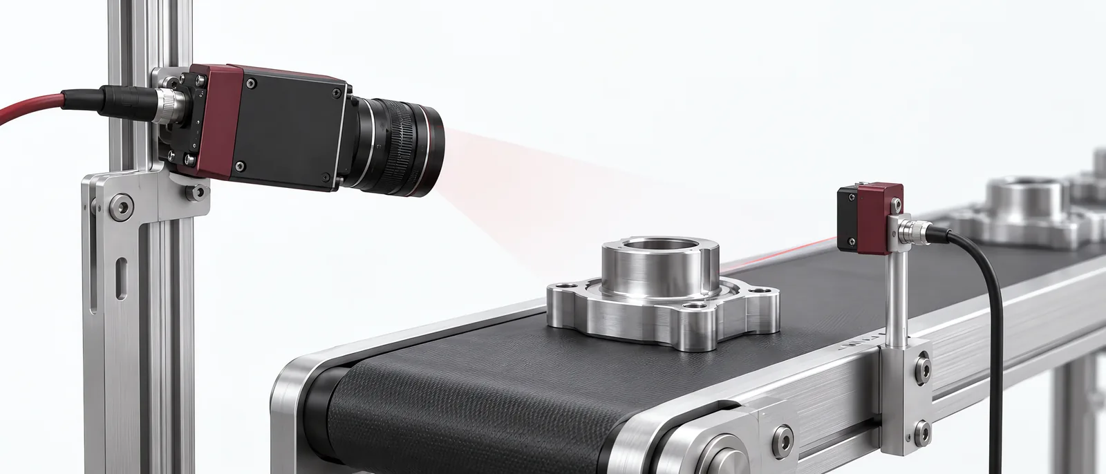 Industrial camera and part-present sensor beside a conveyor, conceptual illustration
