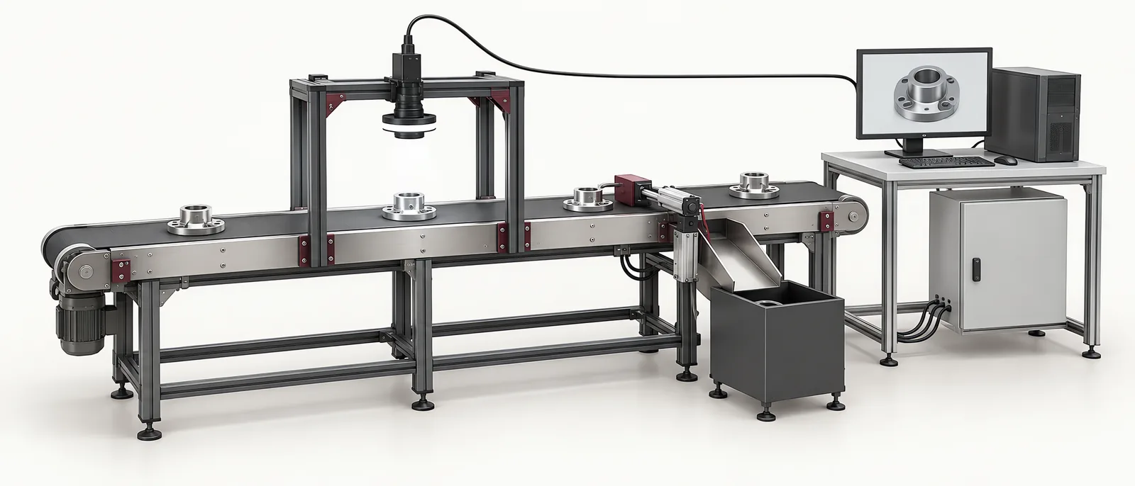 Conceptual industrial inspection line beside a workstation displaying image-analysis results