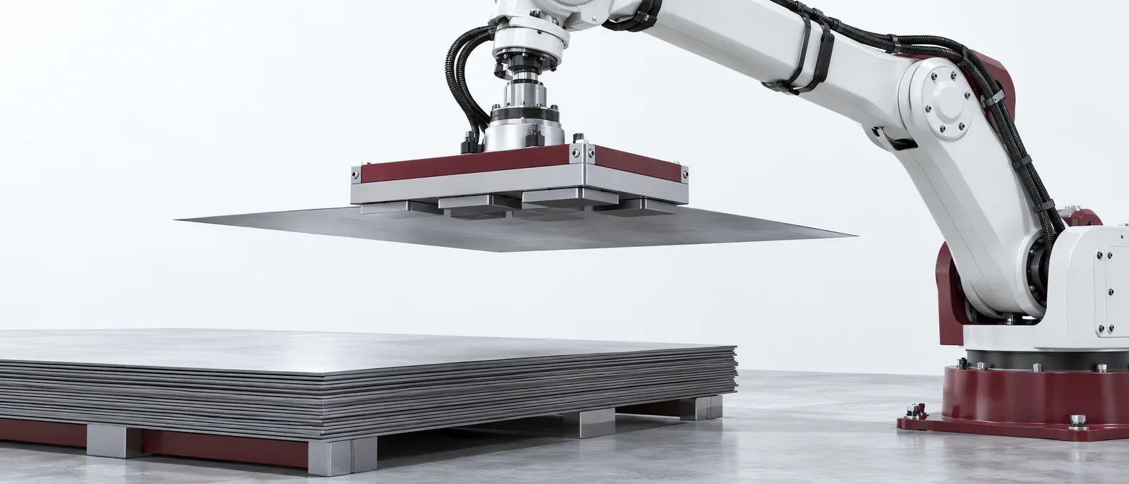 Magnetic robot tool lifting a steel sheet above a stack, conceptual illustration