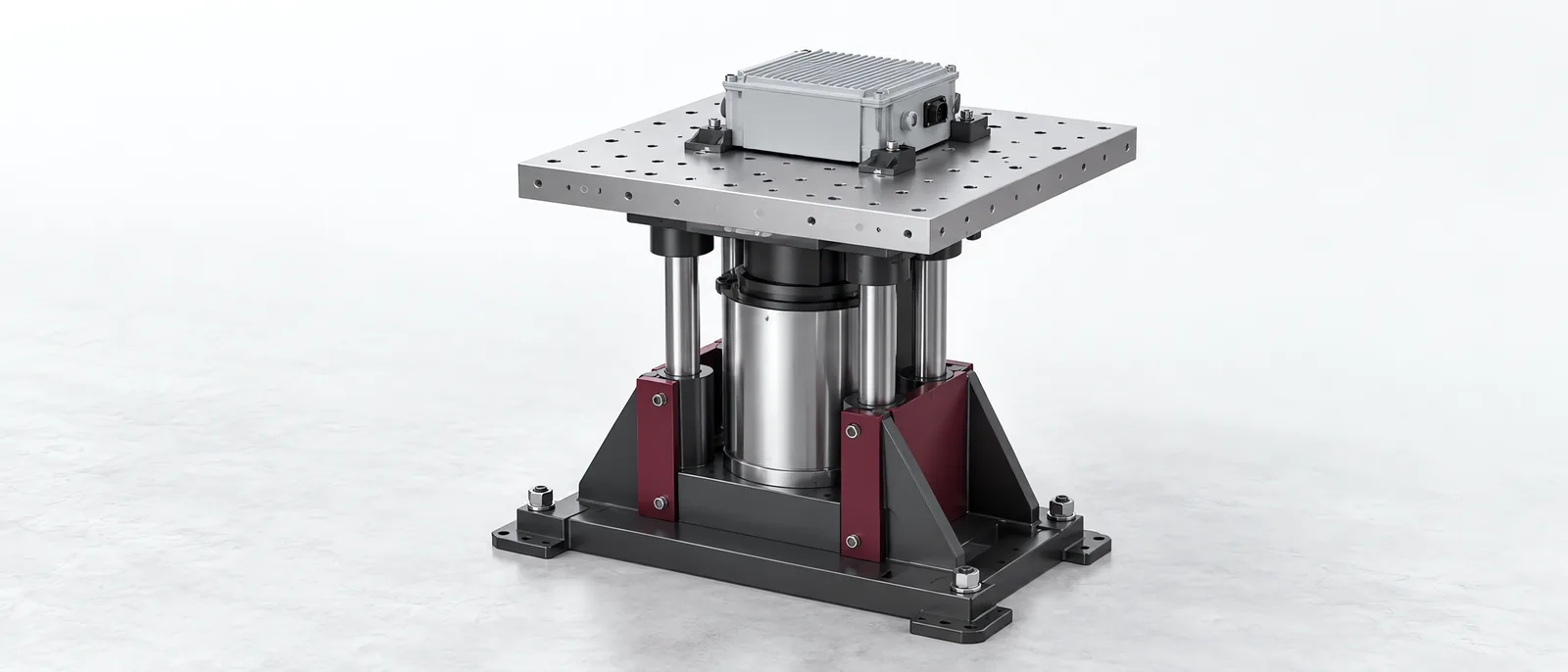 Instrumented test specimen mounted on a mechanical shock table, conceptual illustration