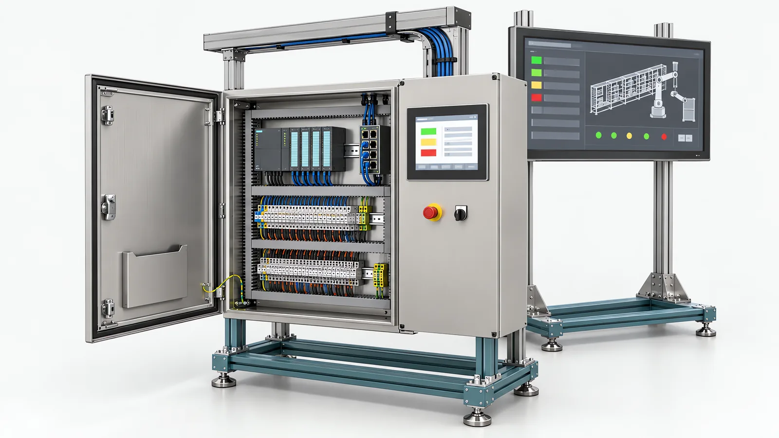 MES, ERP and SCADA as hardware: a machine control cabinet with a PLC rack and panel HMI, a network switch on DIN rail, and a supervisory screen behind