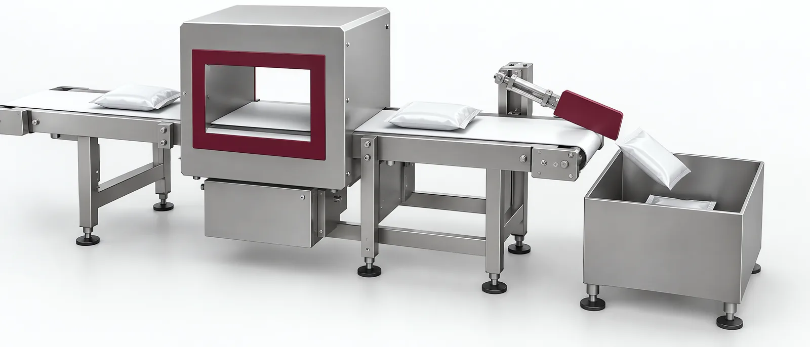 Conveyor metal detector with a separate rejection route, conceptual illustration