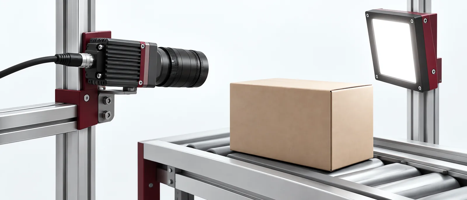 Camera and illumination positioned beside a carton conveyor, conceptual illustration