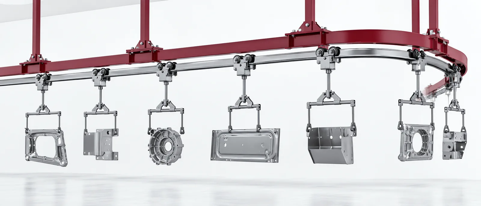 Suspended conveyor carriers travelling around an overhead curve, conceptual illustration