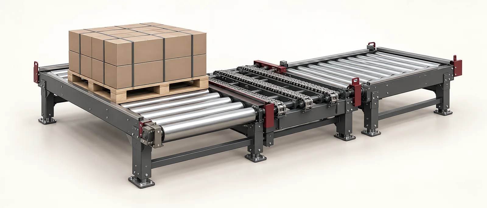 Conceptual heavy pallet conveyor with a roller bed and a right-angle chain transfer
